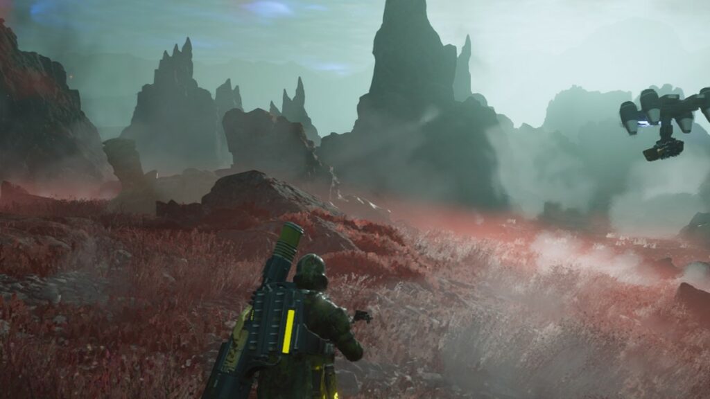 Helldivers 2 players planet variety looking at rocks in the distance