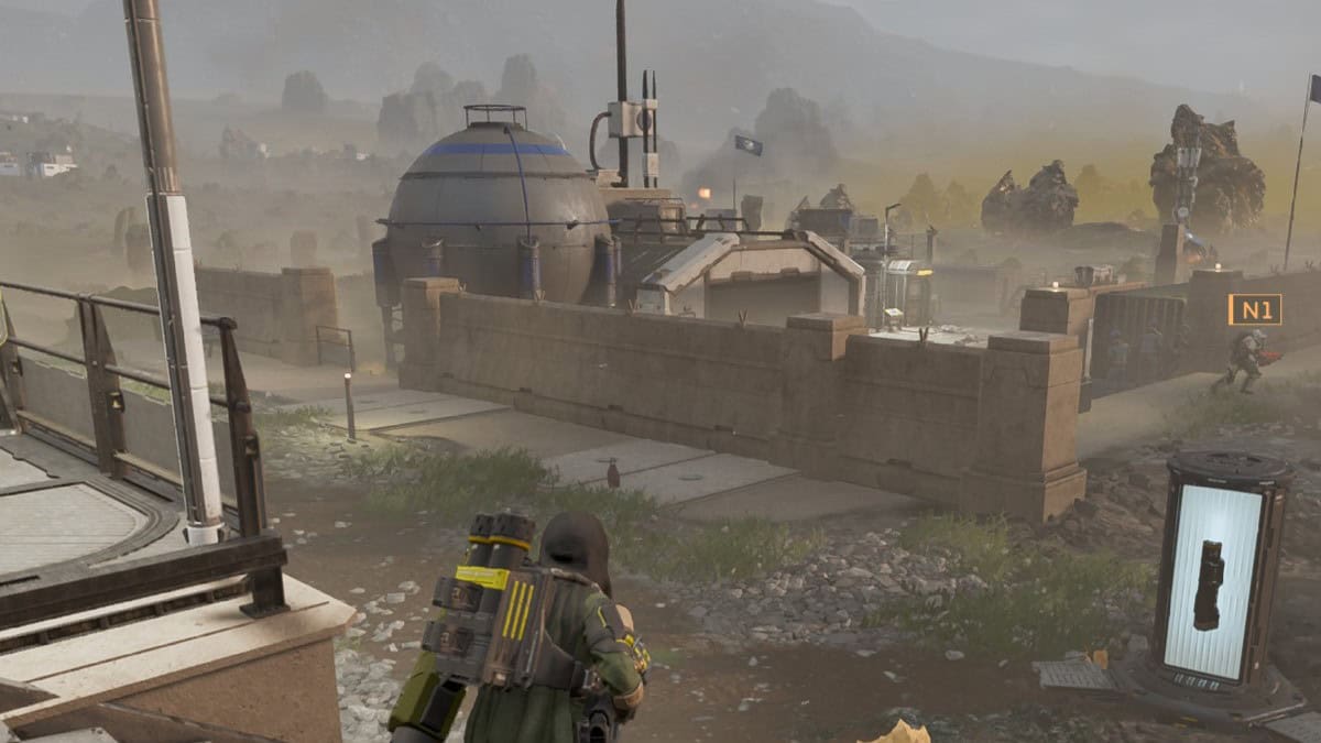 Helldivers 2 player looking over civilian buildings