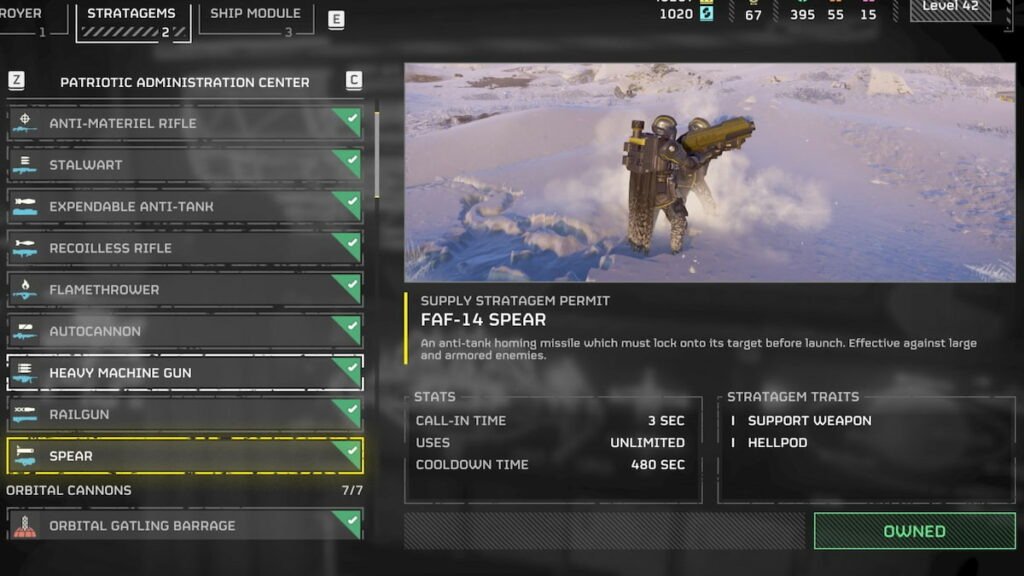 Helldivers 2 image of the FAF-14 Spear in the Stratagems tab