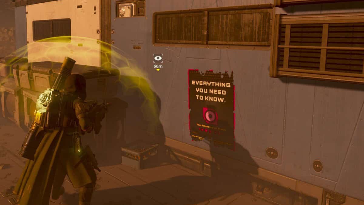 Helldivers 2 image of a player looking at a poster on the wall