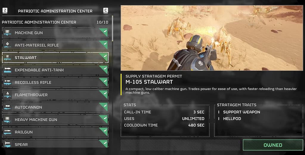 Helldivers 2 screenshot of the Stalwart in the Patriotic Administration Center