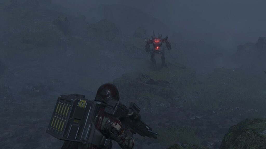 Helldivers 2 image of a player with an Autocannon looking at an Automaton Berserker