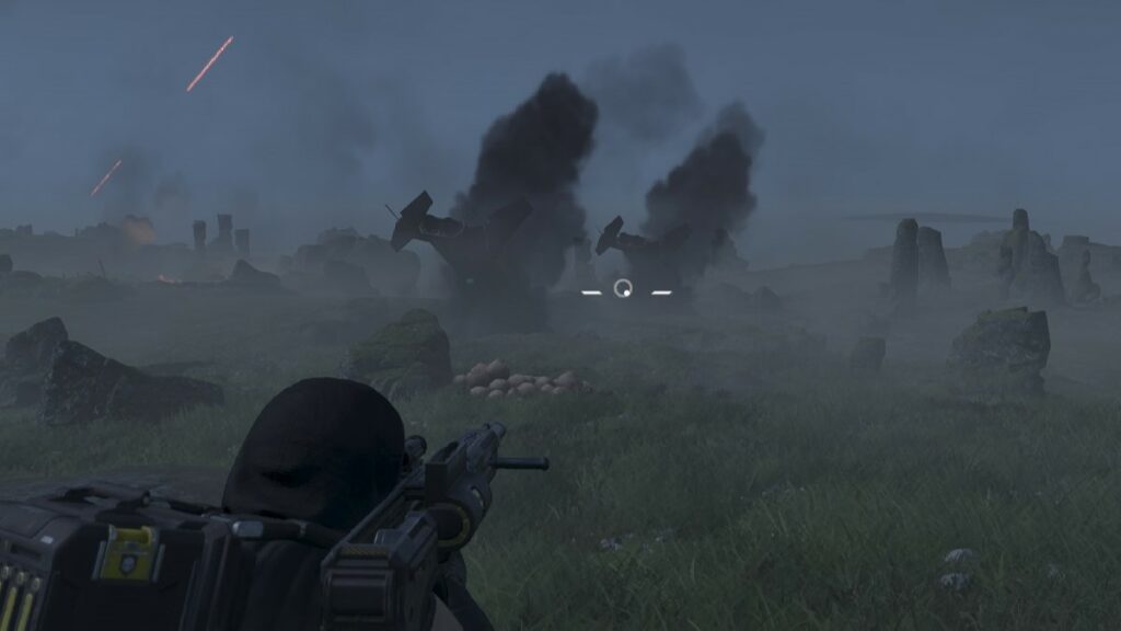 Helldiverfs 2 image of a player aiming his Autocannon