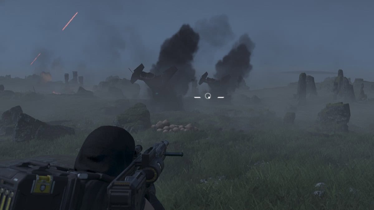 Helldiverfs 2 image of a player aiming his Autocannon