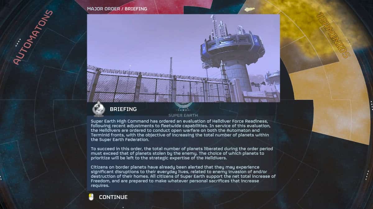 Helldivers 2 major order briefing with map in the background