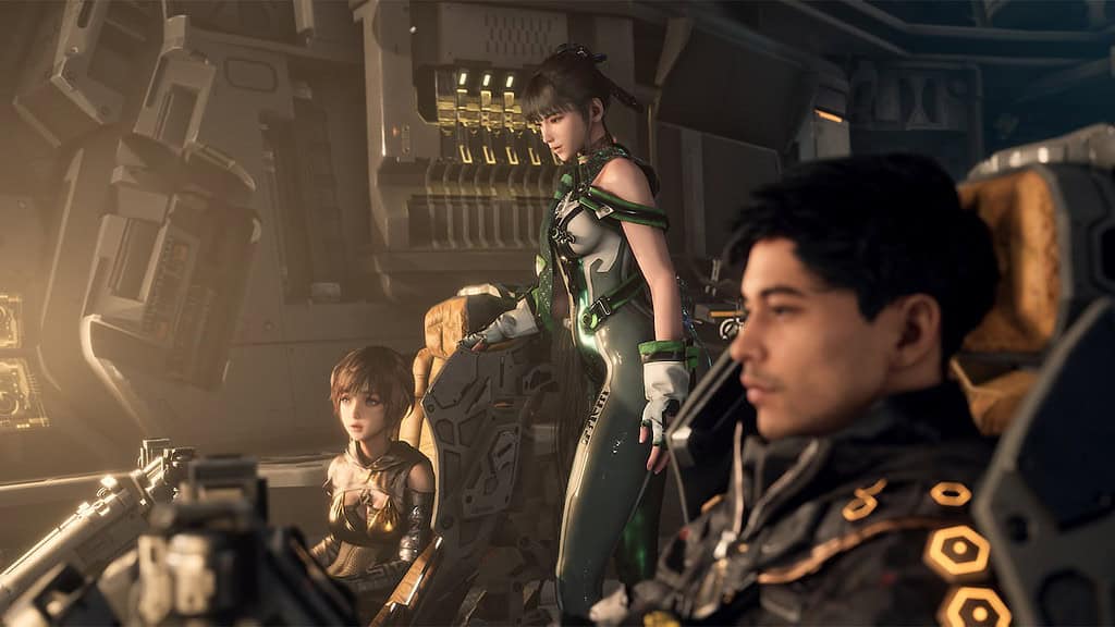 Stellar Blade image of Eve, Lily and Adam sitting