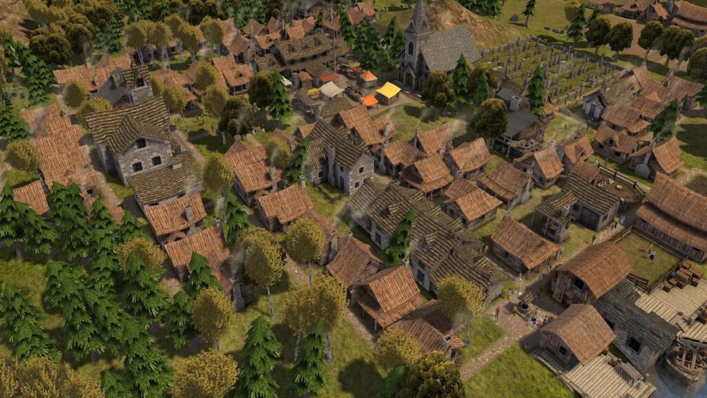 Screenshot of a village in Banished