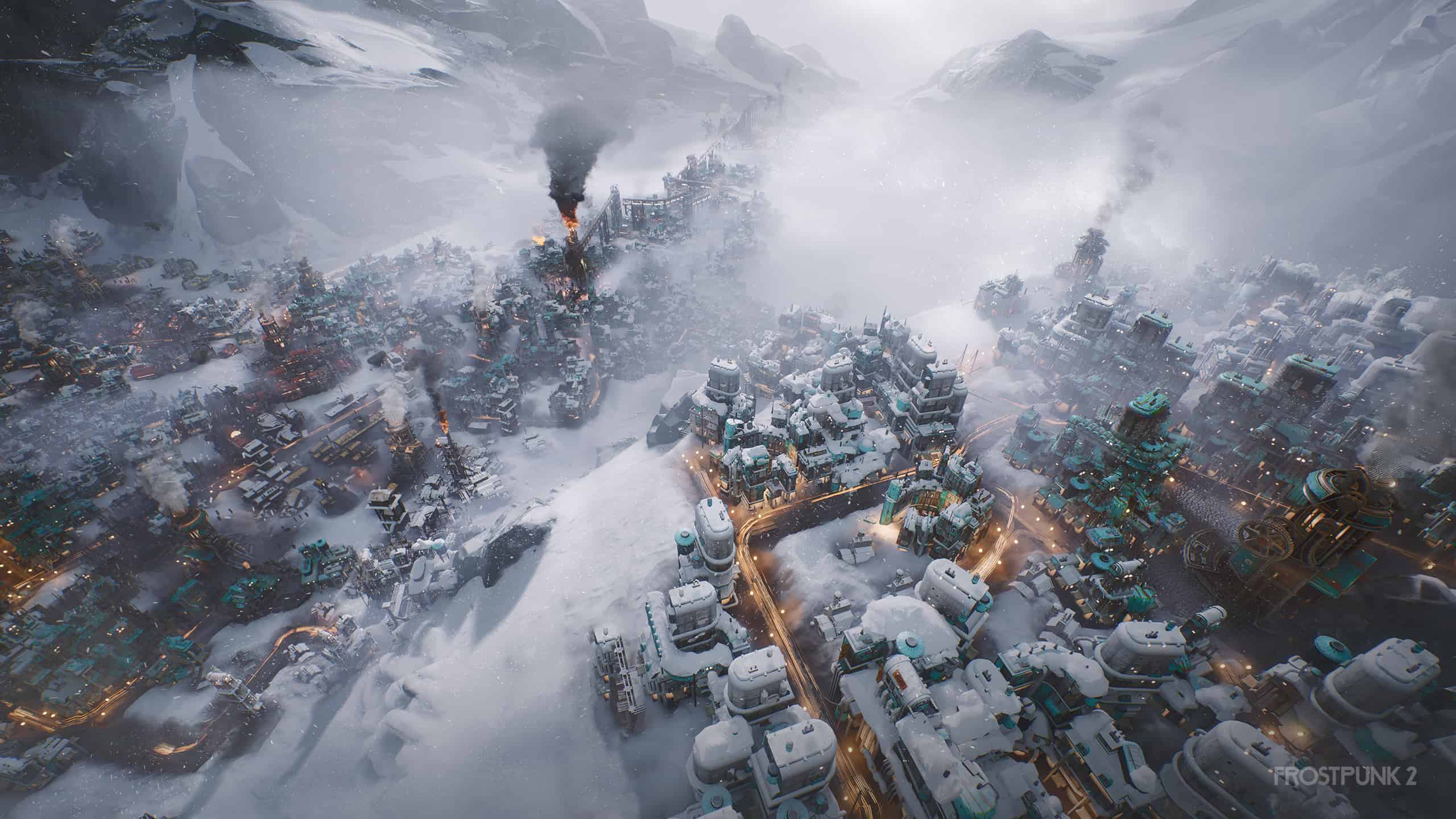 Screenshot of a city in Frostpunk 2