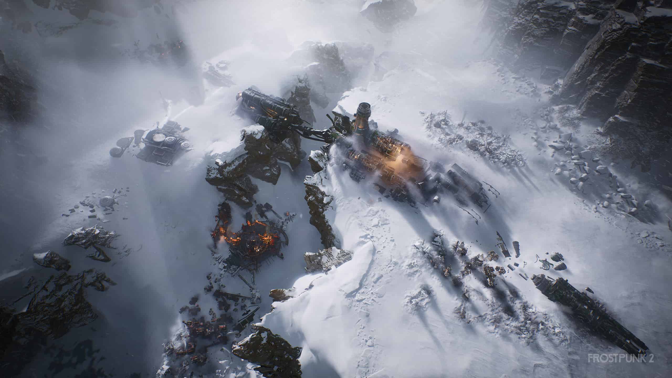 Screenshot of a ruins in a snow coverd landscape in Frostpunk 2