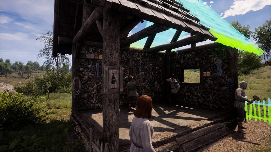 Screenshot of a character and NPCs building a house in Madieval Dynasty