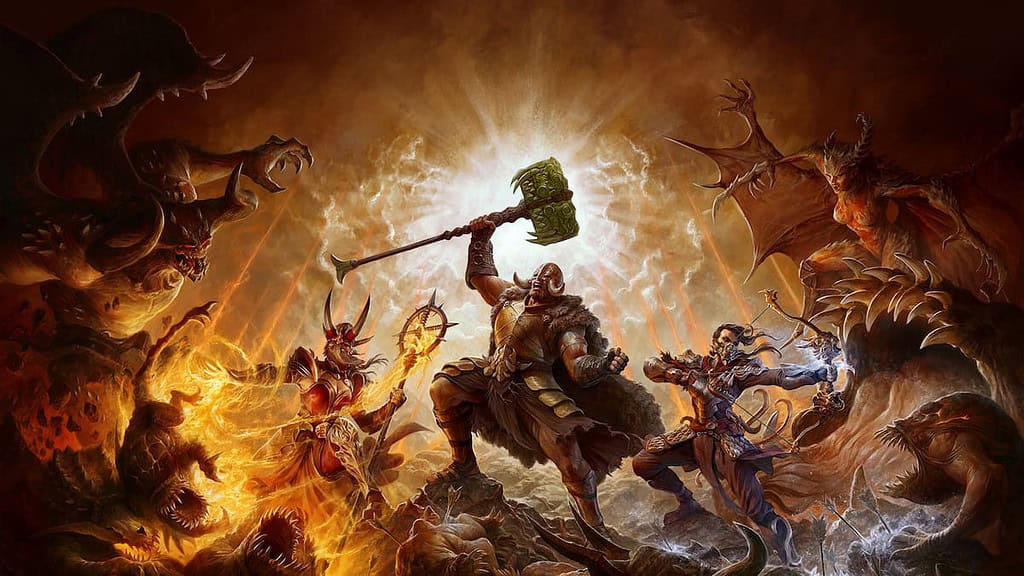 Diablo 4 Season 4 keyart barbarian with a hammer surrounded by monsters