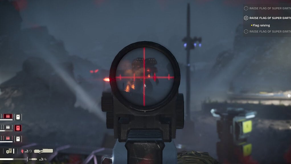 Helldivers 2 blurry image of a Rocket Devastator being aimed at