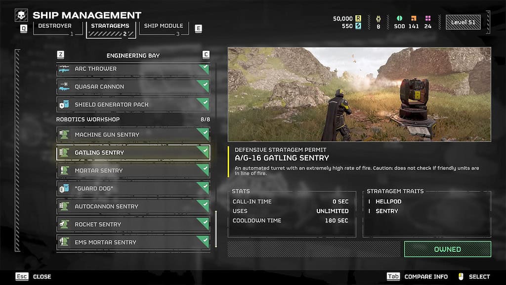 Helldivers 2 Gatling Sentry in the Stratagem shop