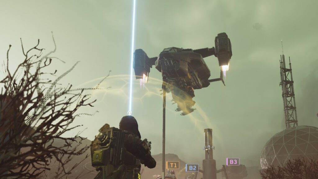 Helldivers 2 Pelican dropping in an Emancipator Exosuit