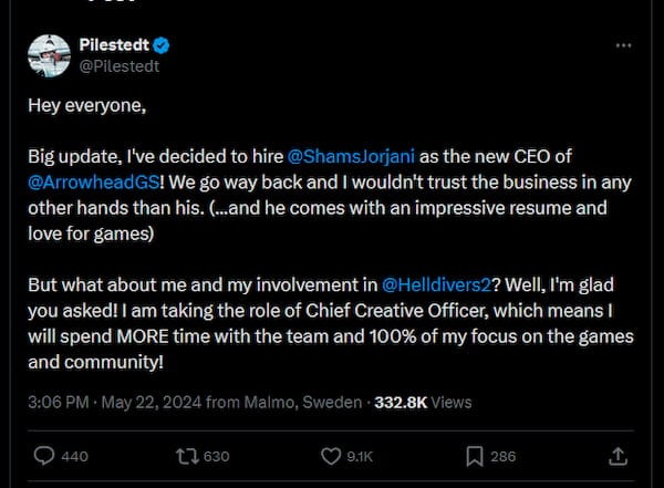 Screenshot of Pilestedt's tweet announcing his stepping down as CEO of Arrowhead on X.