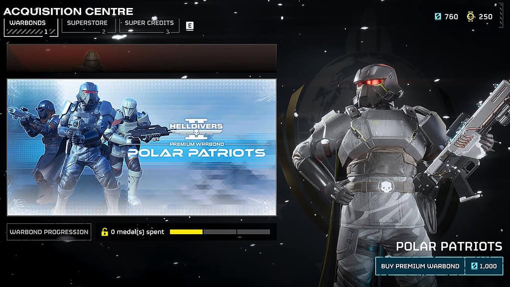 Image of the Helldivers 2 Polar Patriots Warbond screen in the game store.