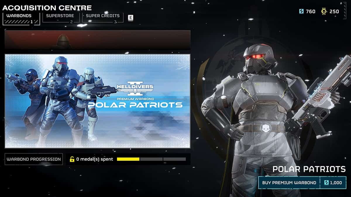 Image of the Helldivers 2 Polar Patriots Warbond screen in the game store.