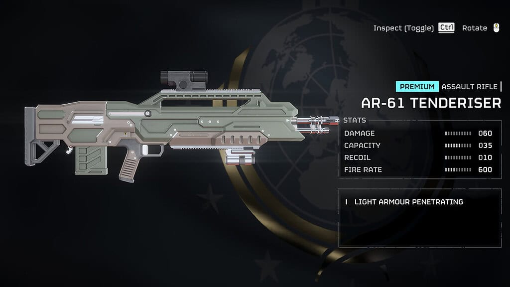 Image of the inspected Tenderiser assault rifle in Helldivers 2.