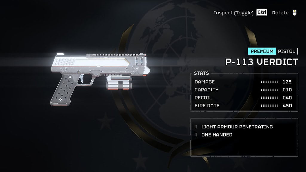 Image of the inspected Verdict pistol in Helldivers 2.