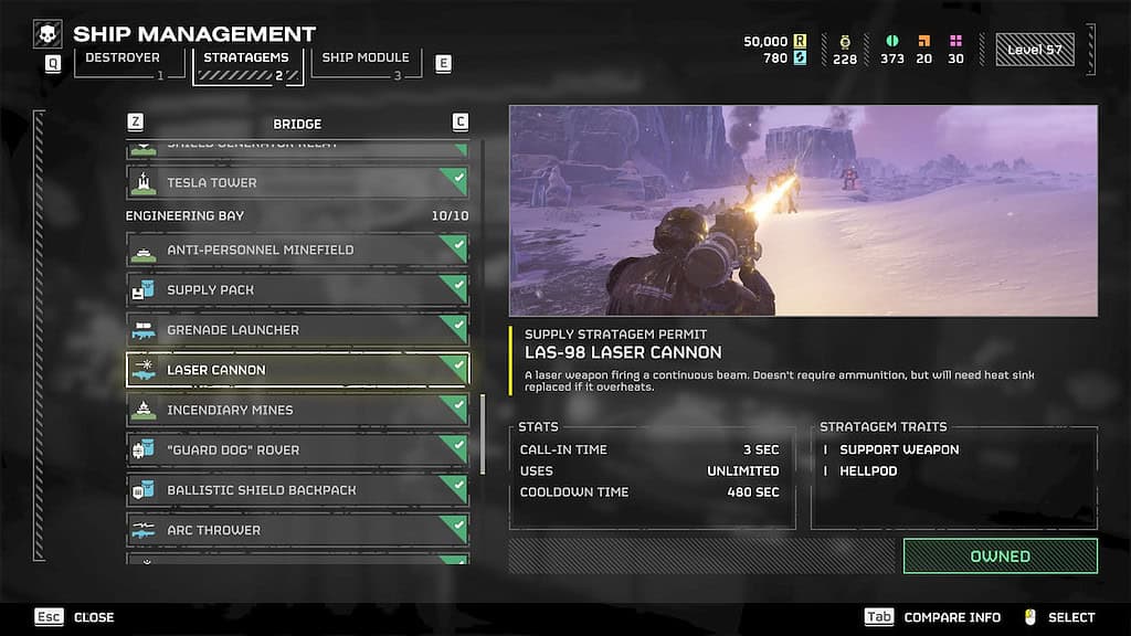 Helldivers 2 LAS-98 Laser Cannon in the Stratagem tab