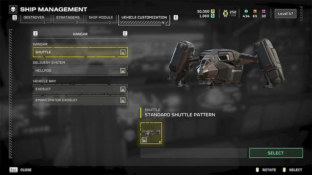 Helldivers 2 vehicle customization screen to change vehicle patterns