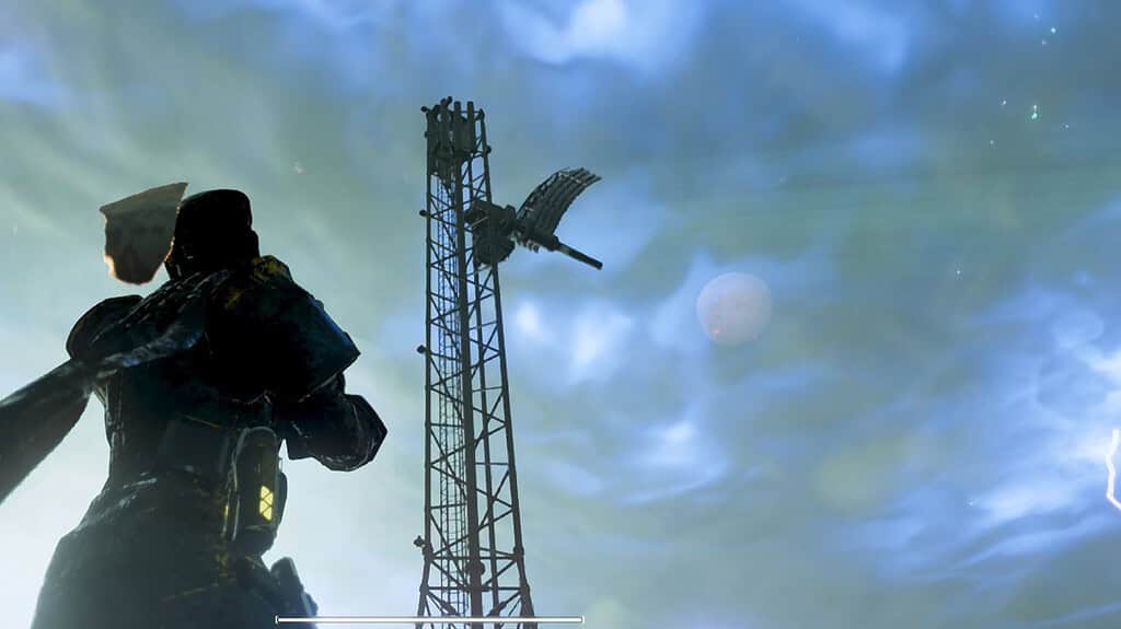 Helldivers 2 player looking at the ion storm and satellite tower