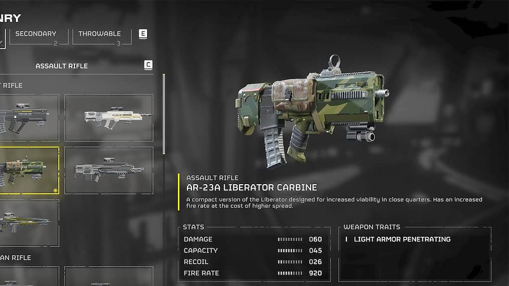 Helldivers 2 liberator carbine in the armory