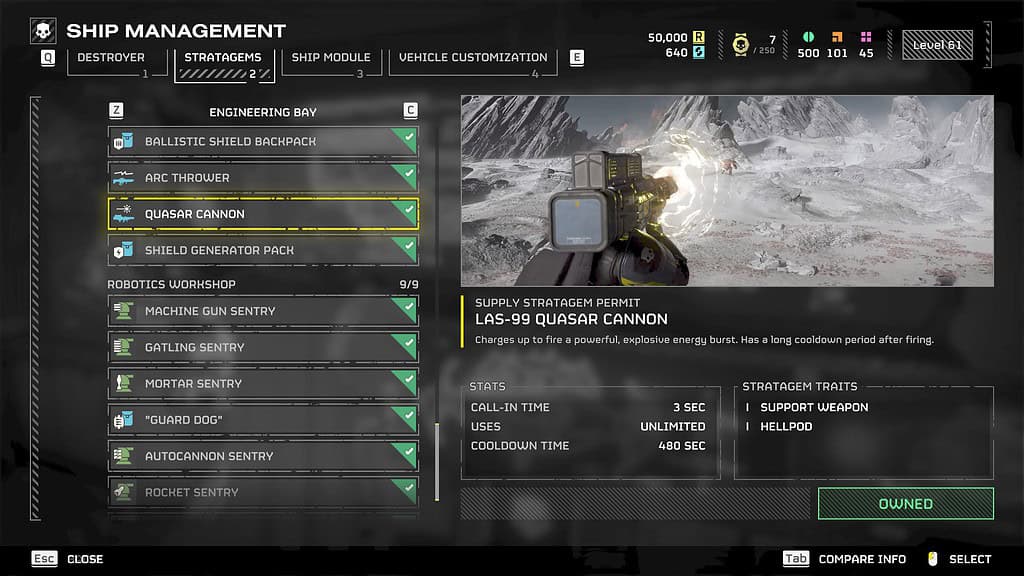 Helldivers 2 Quasar Cannon in the stratagems tab