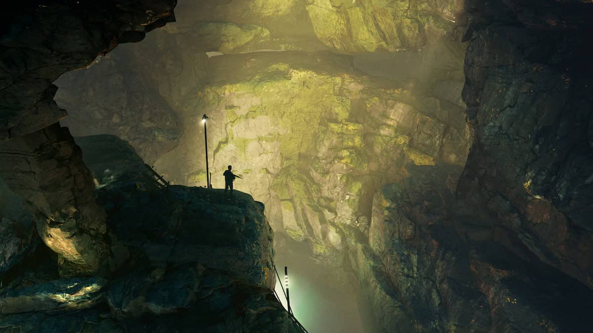 The First Descendant character standing alone in a cave