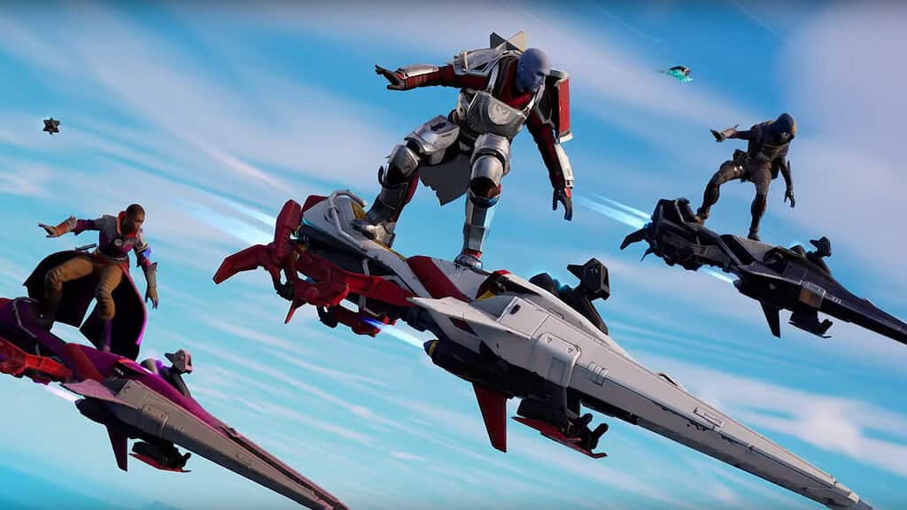 Fortnite image of the Destiny 2 characters on sparrow gliders