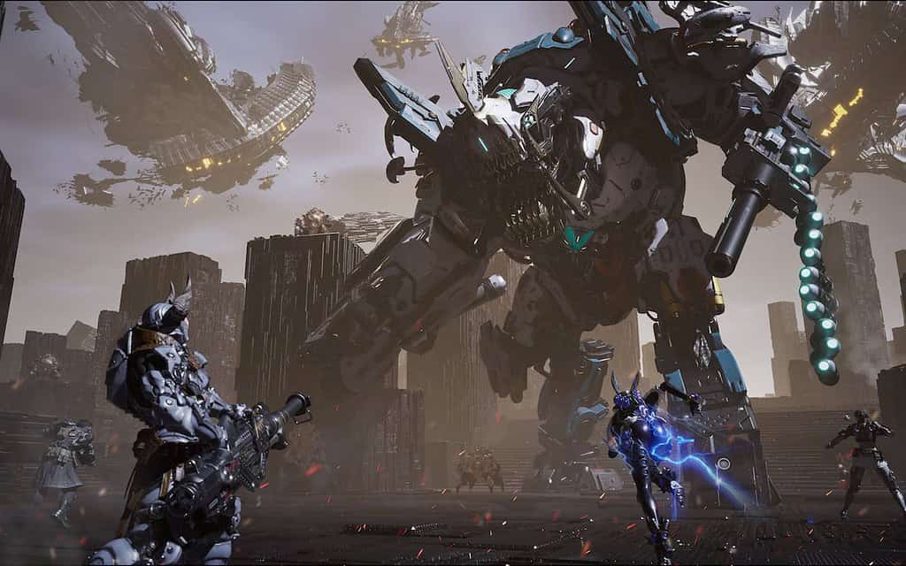 The First Descendant squad fighting a huge robot