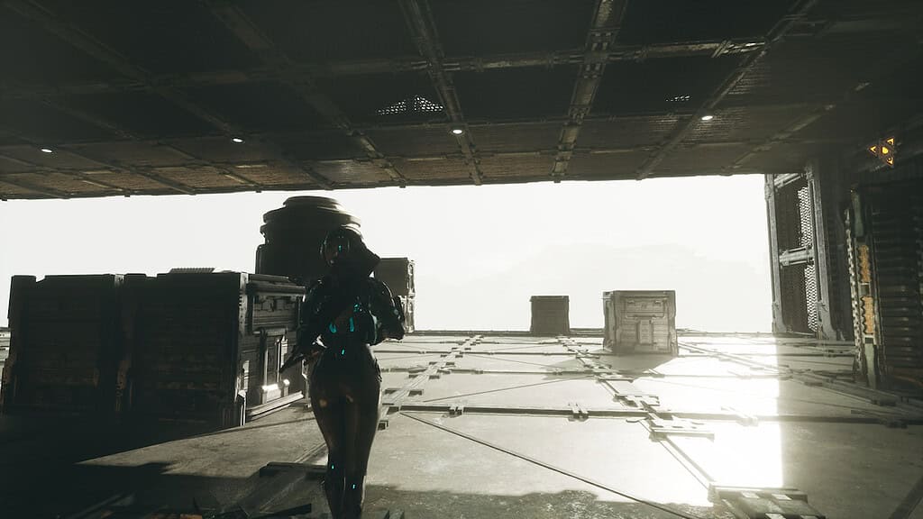 The First Descendant character walking through a hangar