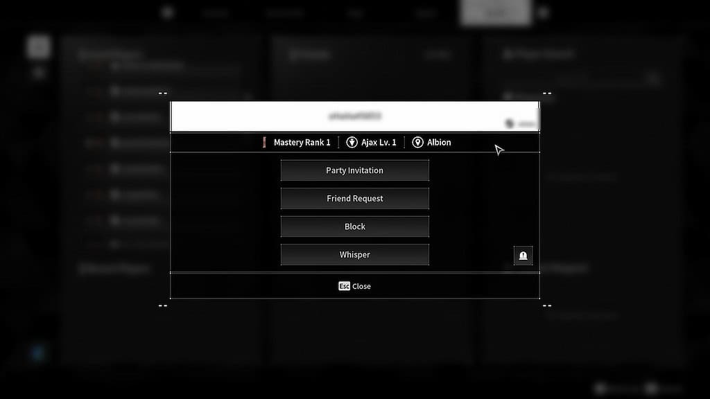 Screenshot of a player options when creating a party