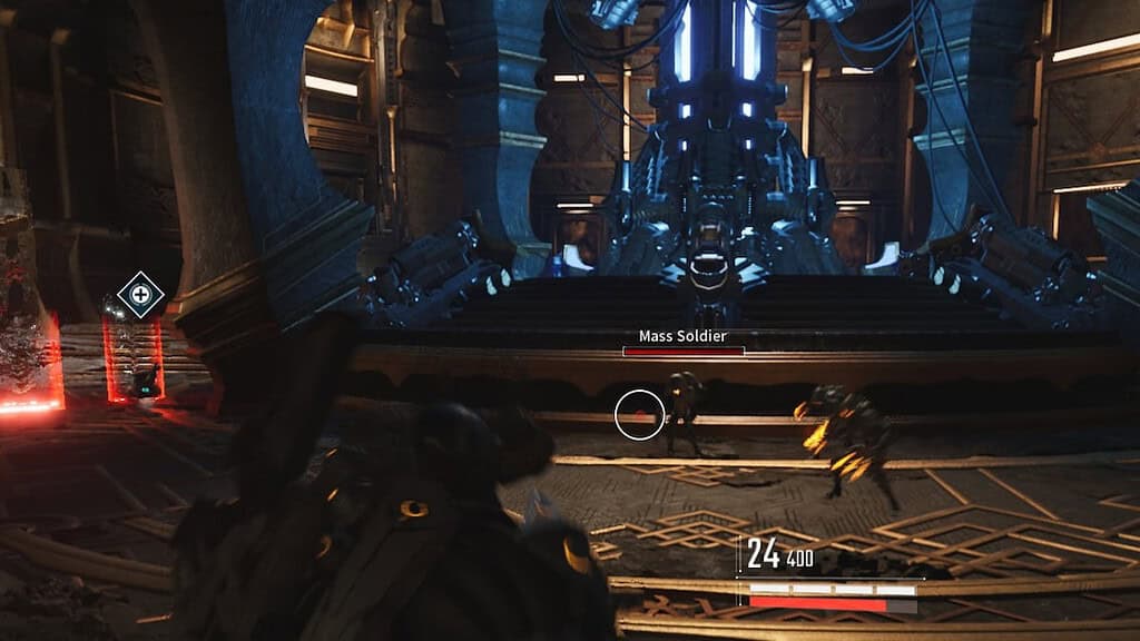 The First Descendant player fighting near a futuristic pillar