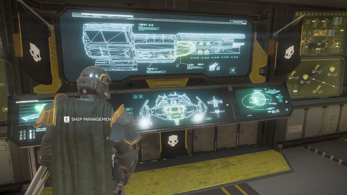 Helldivers 2 player looking at the Ship management terminal