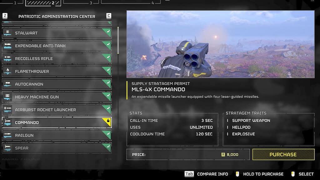 Helldivers 2 image of the Commando weapon in the Strategems tab