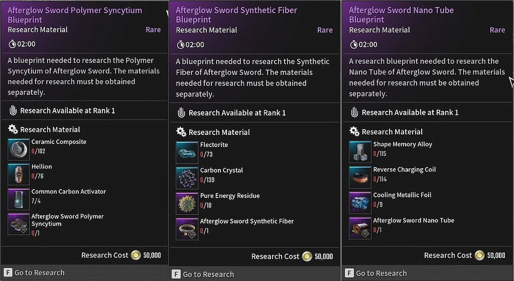 The First Descendant Afterglow Sword weapon parts and materials