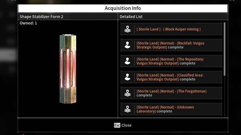 The First Descendant Shape Stabilizer number 2 with a list of locations where you can get it