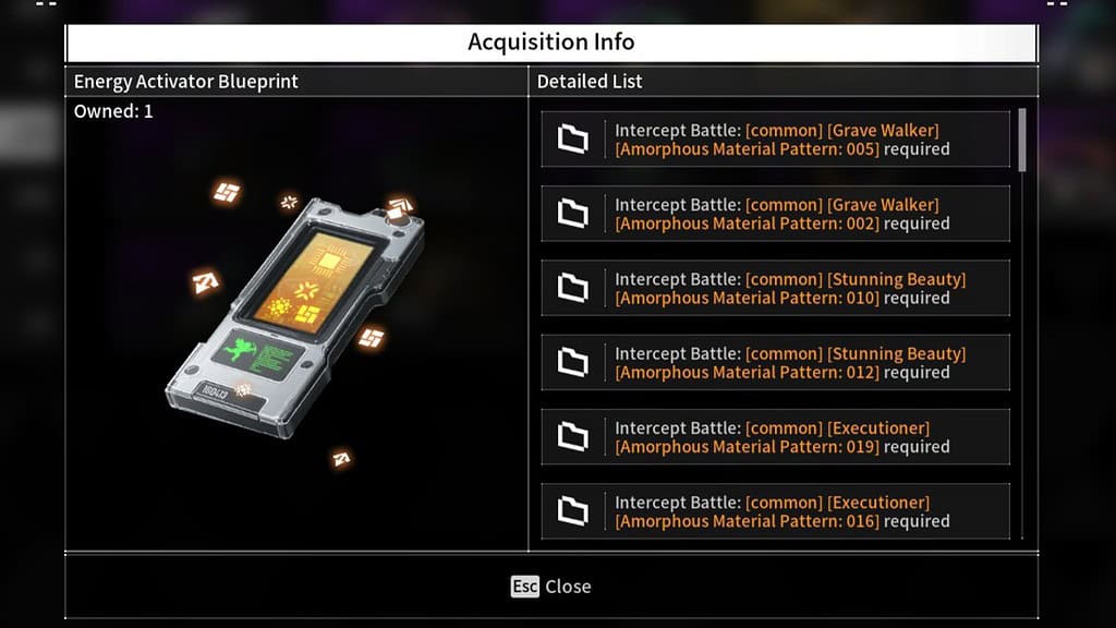 The First Descendant Energy Activator Blueprint closeup with a list of possible locations