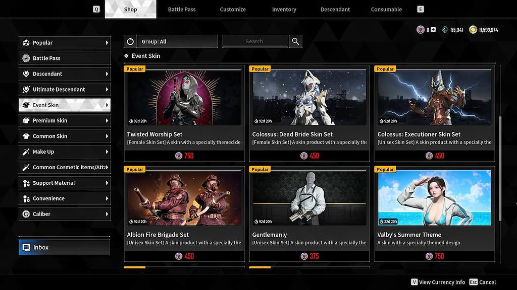 The First Descendant screenshot of the evens skins section of the shop