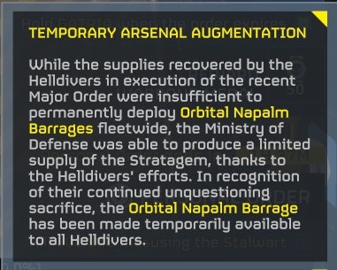 The announcement of temporary arsenal augmentation in Helldivers 2