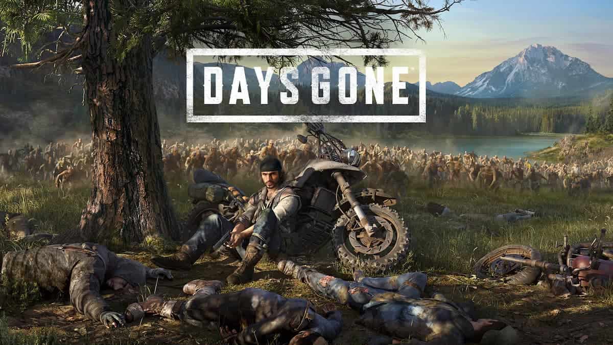 PlayStation promo image for Days Gone, protagonist with a motorcycle, surrounded by zombies