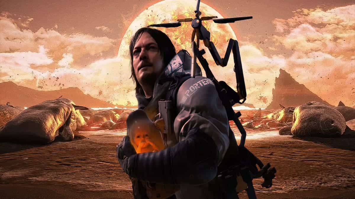 Playstation promo image for Death Stranding 2 protagonist holding a baby