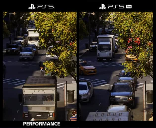 Sony PlayStation comparison between PS5 and PS5 Pro shown in an image with some traffic