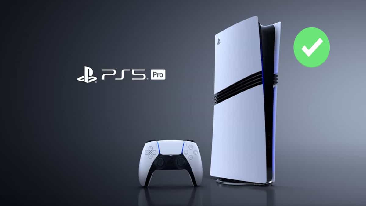 Sony PlayStation image of new PS5 Pro console with a green and white check mark