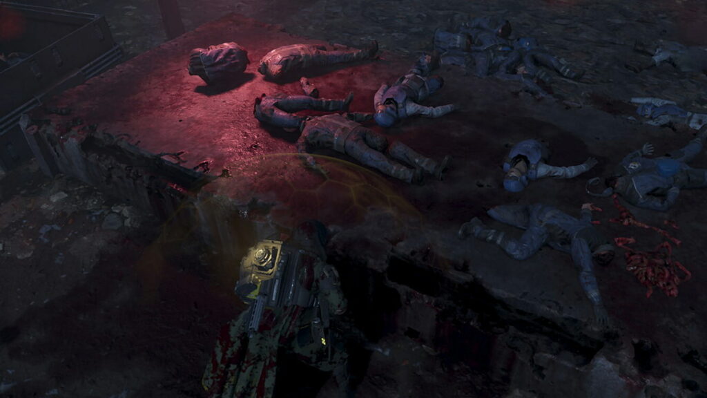 An image of an operating table with dissected and dismembered human corpses at an Automaton factory in Helldivers 2.