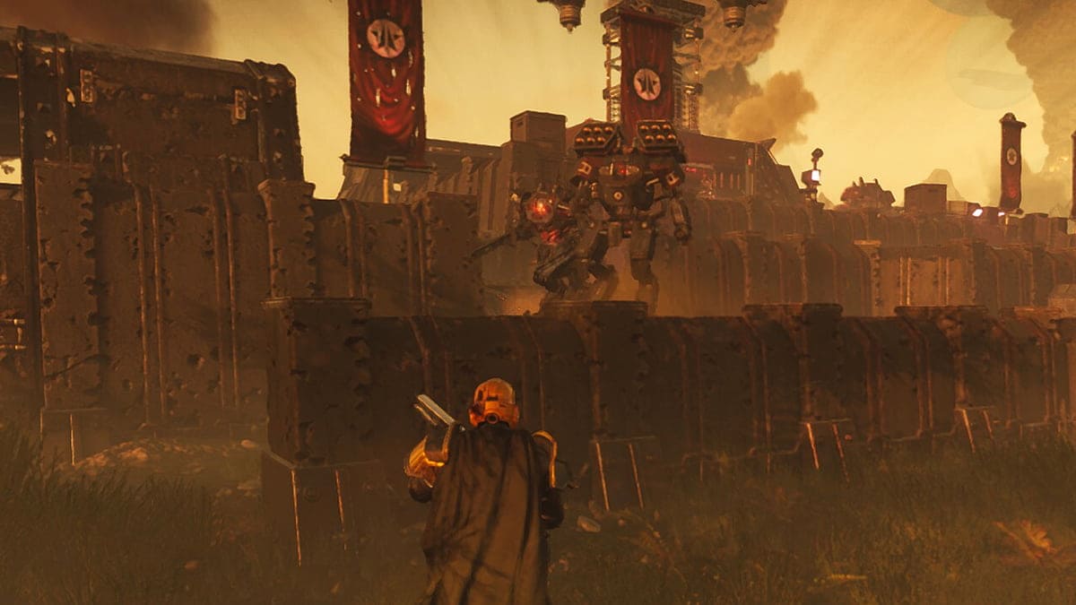 Image of a Helldivers approaching an Automaton factory and facing a Berserker and Hulk in Helldivers 2.