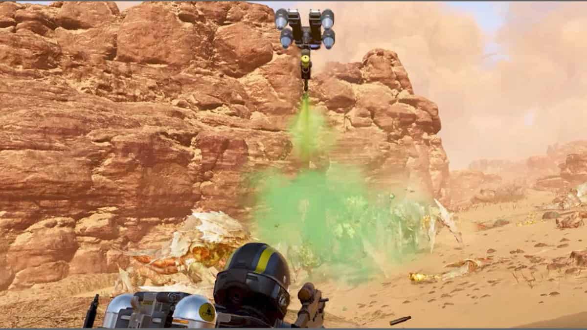 Image of the Dog Breath variant in action against bugs in Helldivers 2.