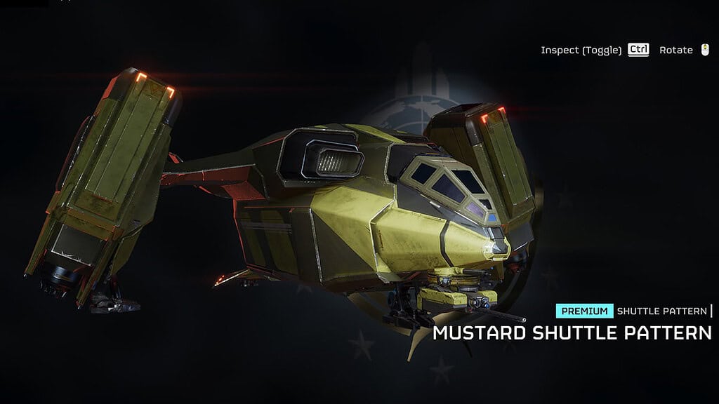 Image of the Pelican-1 Shuttle in Helldivers 2 with the Mustard Shuttle pattern.