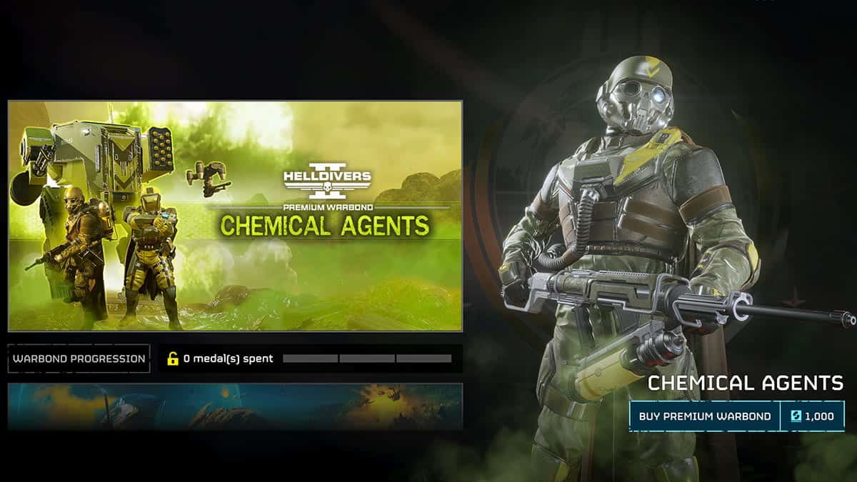 Image of the store screen from Helldivers 2 for the Chemical Agents Premium Warbond.